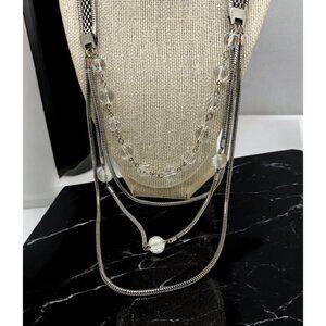 Vintage Silver Tone Multi Strand Necklace Clear Bead Accents Bold Statement 20"